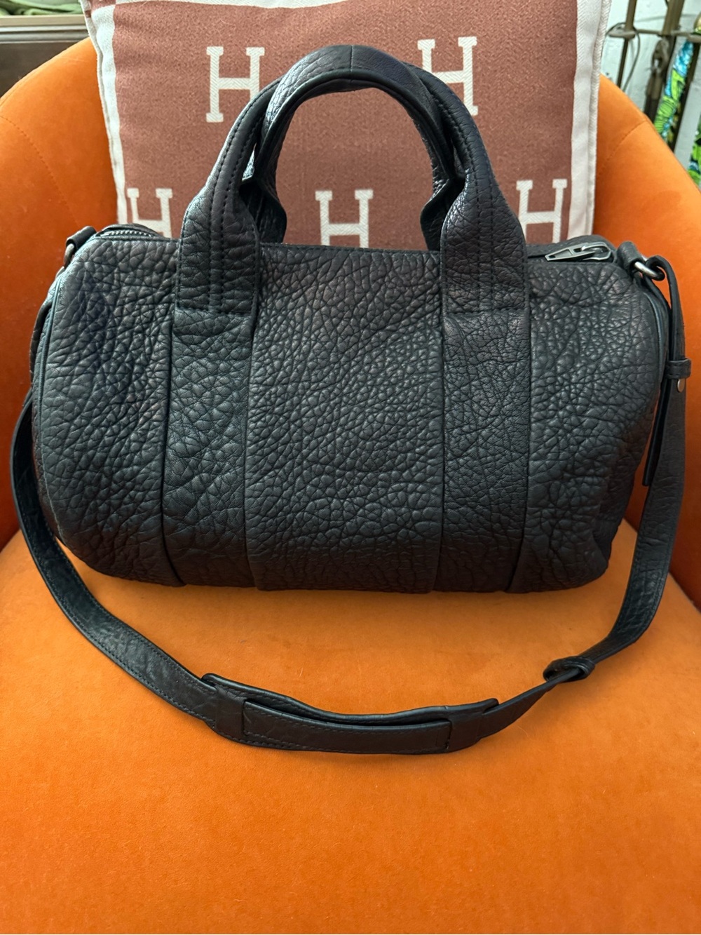 Black Textured Leather Satchel Bag - Women